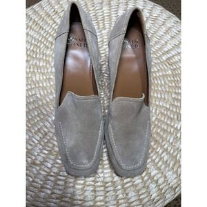 Donald Pliner Suede‎ Loafer Block Heel Dress Shoes Square Toe Slip On Taupe 6